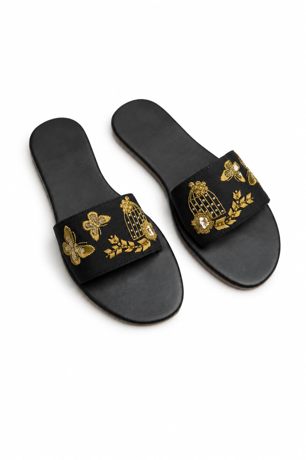 Women’s Floral & Golden Birdcage Embroidered Flat Slippers – Ethnic Slip-On Sandals with Cushioned Black Sole-image-40