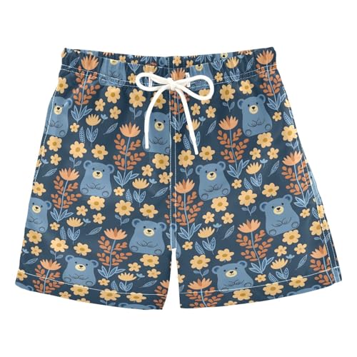 ALAZA Bear Flower Navy Blue Boys' Swim Trunks Beach Shorts Quick Dry Swimsuit 4T