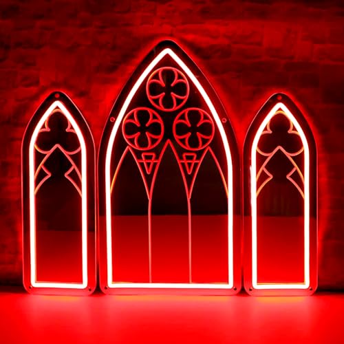 Image of Gothic Neon Sign, Medieval Goth Neon Mirror Set, Window Mirror Neon Signs for Wall Decor, Gothic Cathedral Decor, Acrylic Witch Neon Mirrors 25″ x 14.7″