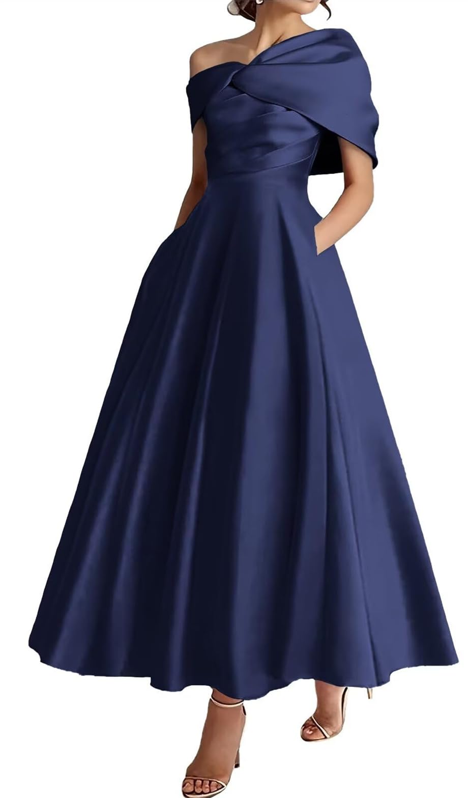 Wseyu Women's Navy Blue One Shoulder Mother Of The Bride Dresses With Pockets Satin Formal Evening Prom Gown Tea Length Zmki328 Uk14