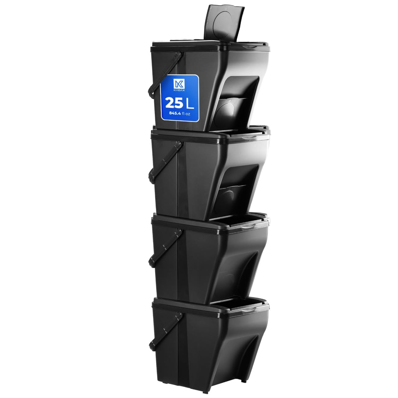 KADAX Poubelles de Tri Sélectif pour la Collecte et le Recyclage des Déchets à Domicile, Système de Séparation des Déchets Empilables (4 x 25L, Noir)