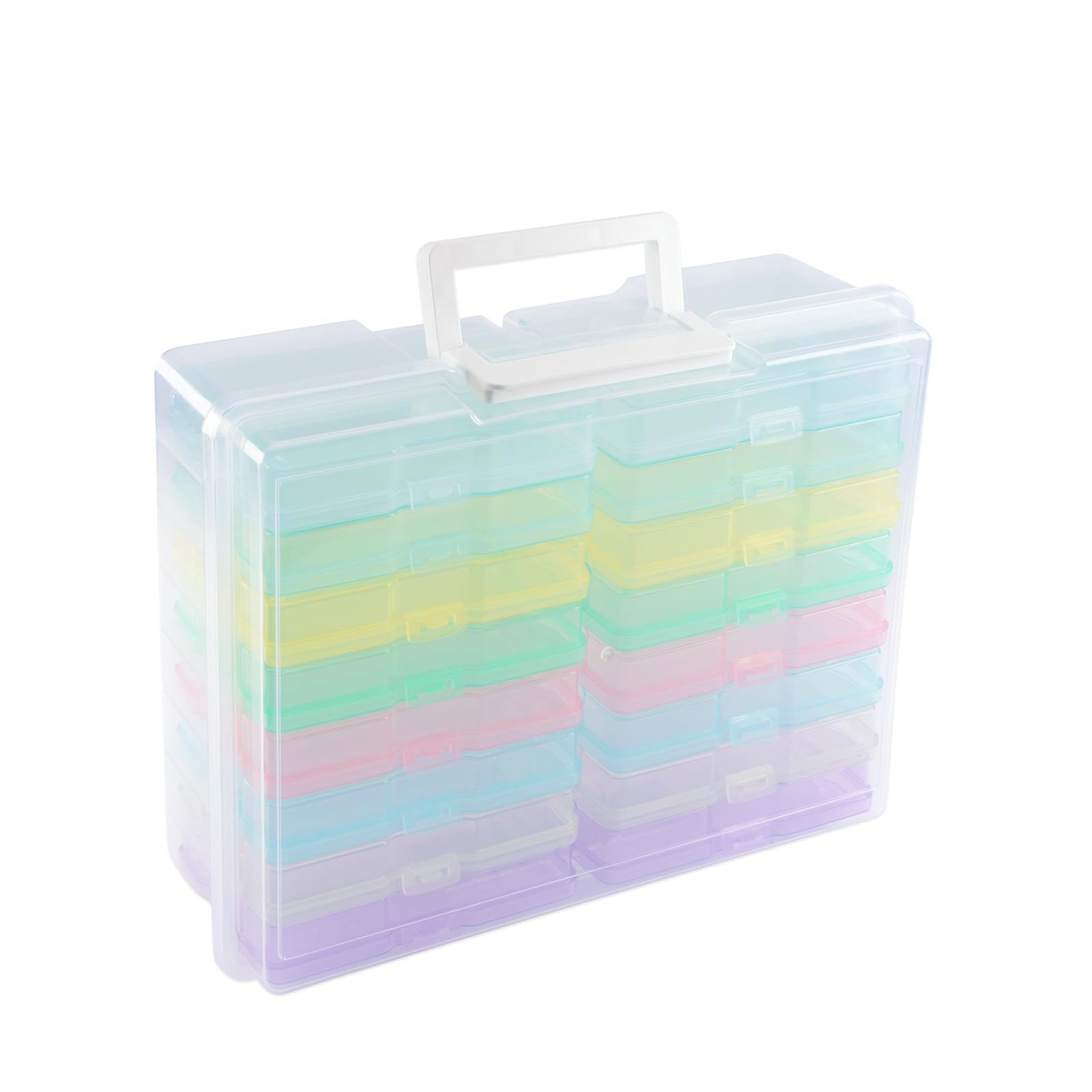 Vaessen Creative Plastic Storage Box with Lid 37,5 x 30 x 13 cm - 16 Cases of 17 x 12 x 3 cm in 8 Colours - Clear Organiser for Sewing, Diamond Art, Small Accessories and Craft Supplies