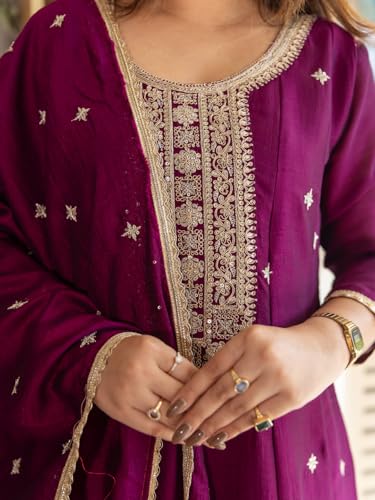 Image of VredeVogel Women's Silk Blend Embroidered Anarkali Kurta with Pant & Dupatta Set | Festive & Casual Women Ethnic Kurta Set for Women