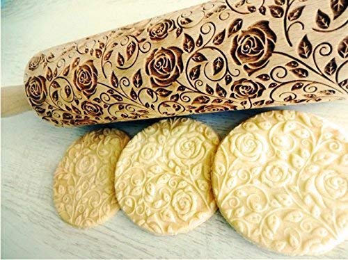 Rolling Pin Damascus Roses Wooden Embossing Rolling Pin With Rose Dough Roller For Embossed Cookies Gift For Mom Friend Cookies Decoration #TOP12