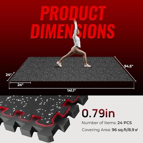 Image of SUPERJARE 0.79'' Extra-Thick Exercise Equipment Mats, 24 Pcs 96 Sq Ft Rubber Top Floor Tiles with High Density EVA Foam, Interlocking Gym Flooring for Home Gym, Workout Mat, Black /Grey