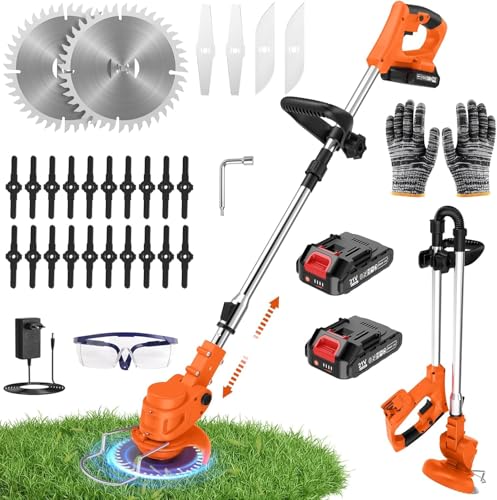 Debroussailleuse Electrique sans Fil 21V avec 2 Batteries 2000mAh, Coupe Bordure sans Fil avec Batterie Léger et Pliable 4 Types de Lames, Rotofil Batterie...