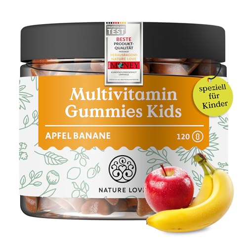 NATURE LOVE® Multivitamin Gummies Kids – 120 Stück – ohne Zuckerzusatz – Mit Vitamin A, B1, B3, B6, B7 (Biotin), B12, E und Jod – Vitamine für Kinder als Gummibärchen – vegan und laborgeprüft