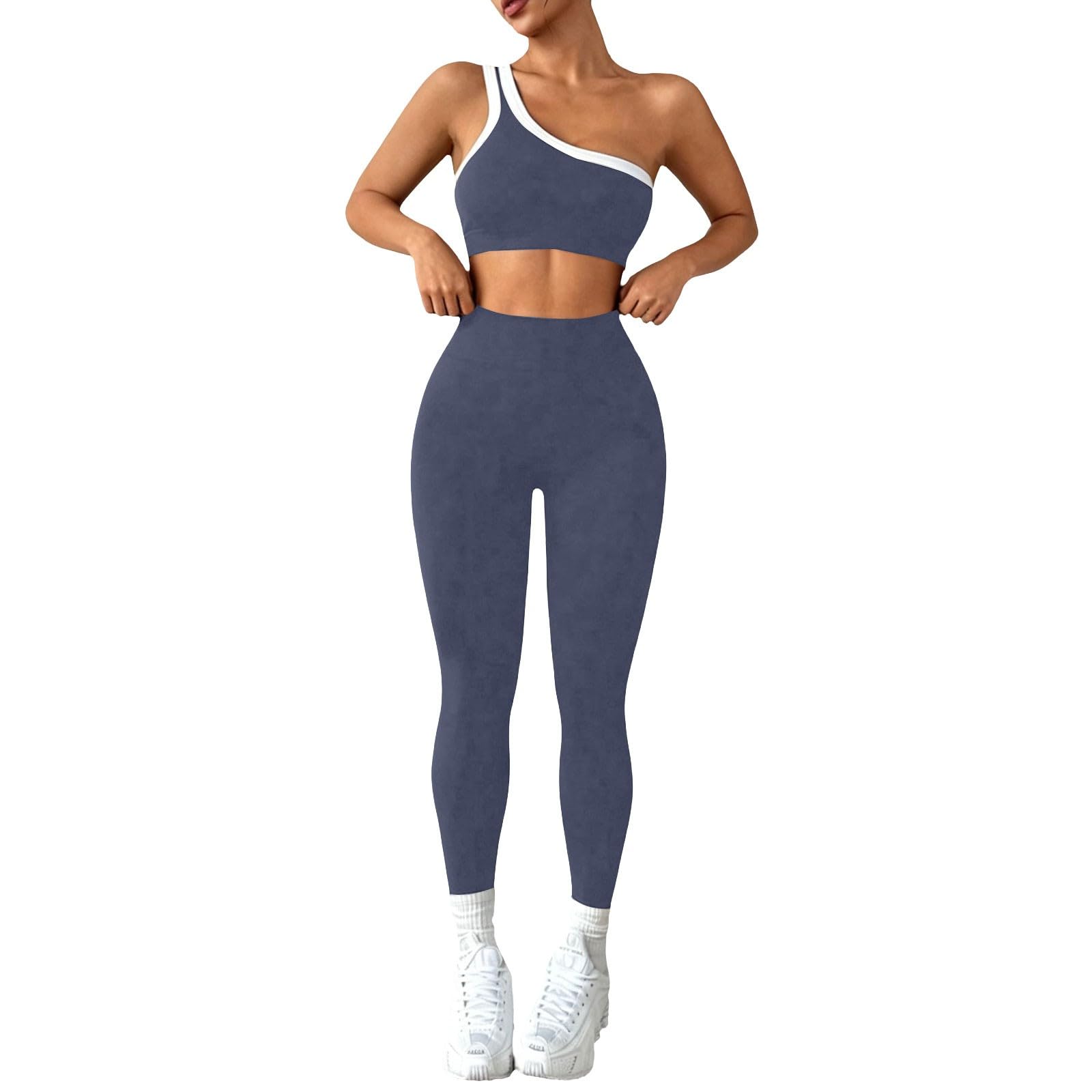 Completo da allenamento da donna, set da 2 pezzi, set da palestra senza cuciture con spalline monospalla | gilet casual comodo con top corto e leggings a vita alta, tuta sportiva per yoga, fitness