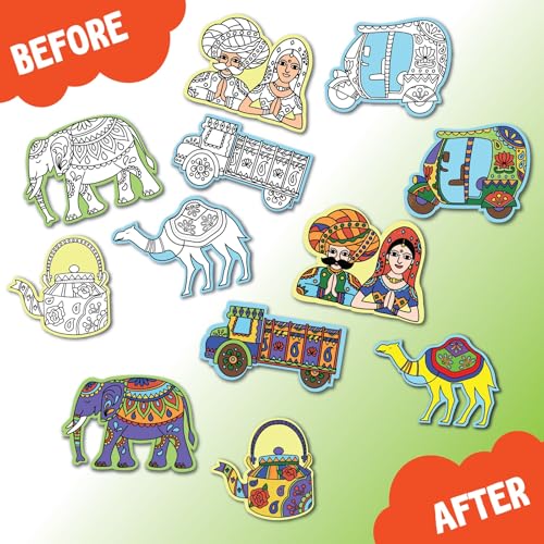 Image of SparkLPlay DIY Craft Kit for Kids Coloring Set with 6 Fridge Magnet Cutouts, 10 Color Pens. Mess Free. Gift for Kids. (Indian Art Forms)