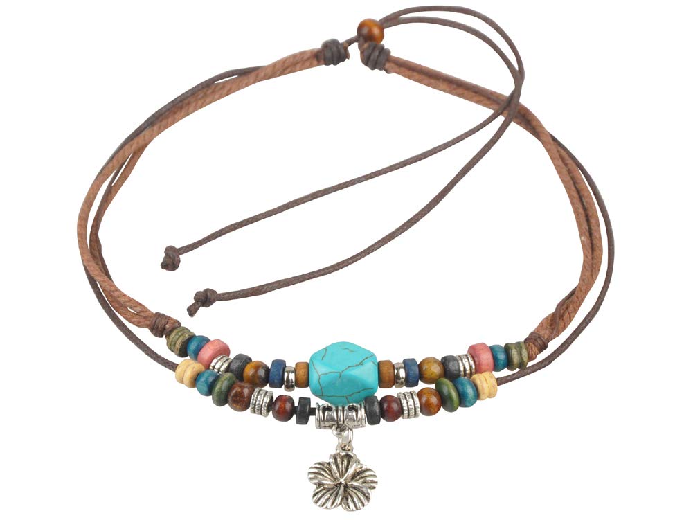 Handmade Brown Hemp Cord Choker Necklace with Turquoise Bead and Silver Floral Pendant – Adjustable via Sliding Wooden Bead – 38 cm (15 inch) Inner Cord