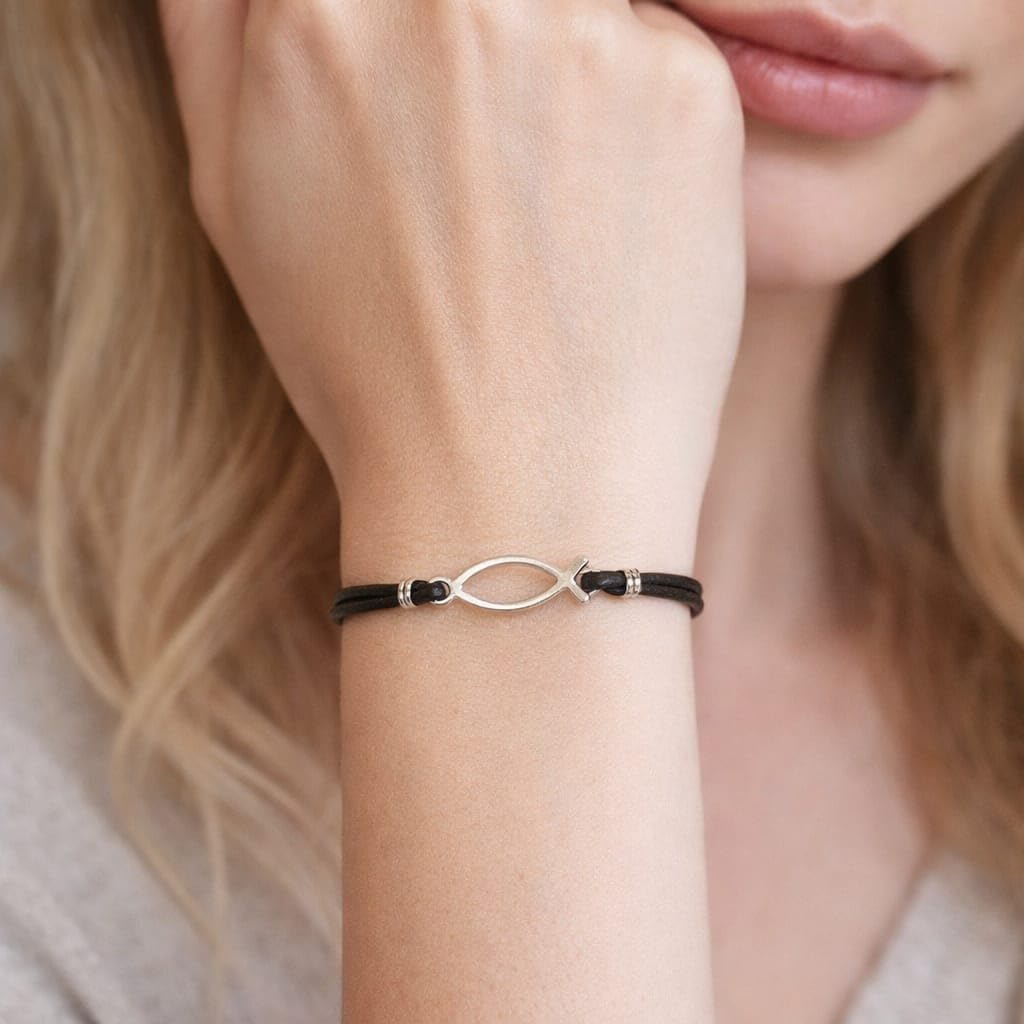 Adjustable Leather Bracelet with Jesus Fish Pendant Charm