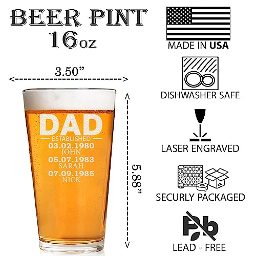 CARVELITA Custom Dad Established 16oz Beer Glass For Dad, Special Gifts For Father's Day, Christmas, Brithday Custom Glass, Add Your Kids Name And Birthdate