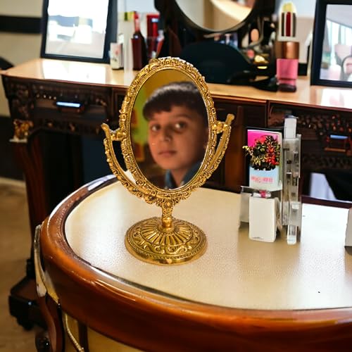 Image of KridayKraft Aluminium Makeup Mirror Dual Sided Magnification for Easy Makeup (Golden), Oval, Tabletop