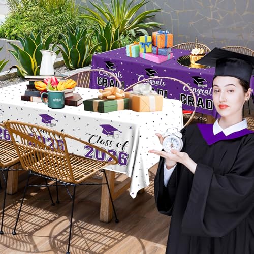 Image of 2026 Graduation Decorations,Congrats Grad Tablecloth 2pcs White Purple Class of 2026 Table Covers Rectangle for Graduation Party Supplies,108x54inch(Purple)