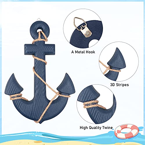 Image of 13 inch Nautical Wooden Anchor with Rope Nautical Beach Wood Anchor Wall Art Decor Door Hanging Ornament Beach Theme Home Decoration (Blue)