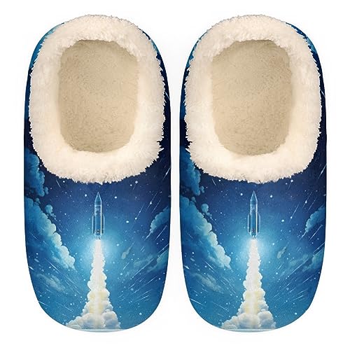 Space Rocket Slippers for Women Men, Galaxy Planet House Slippers Socks Warm Fuzzy Memory Foam Indoor Slippers Lightweight Cozy Anti-Skid Closed Back Home Shoes, Medium
