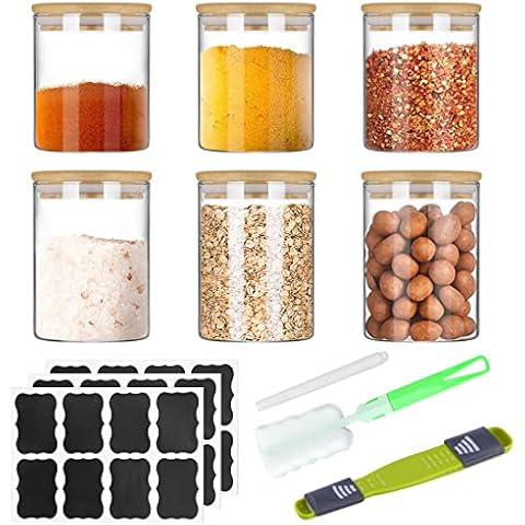 Glass Jars with Bamboo Lids and Labels Spice Storage Containers 6 Pack 220ml/270ml Airtight Canister for Kitchen Food Cereal Tea Herbs Coffee, Snack Cabinet and Bathroom 3x7.8oz 3x9.5oz Cover