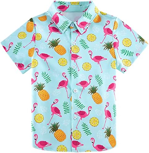 Little Boy's Button Down Pineapple Shirts Short Sleeve Aloha Kids Hawaiian Shirt Flamingos Novelty Graphic Pattern Tee Beach Party Blue Blouses T Shirt Top 3-4 Years Old
