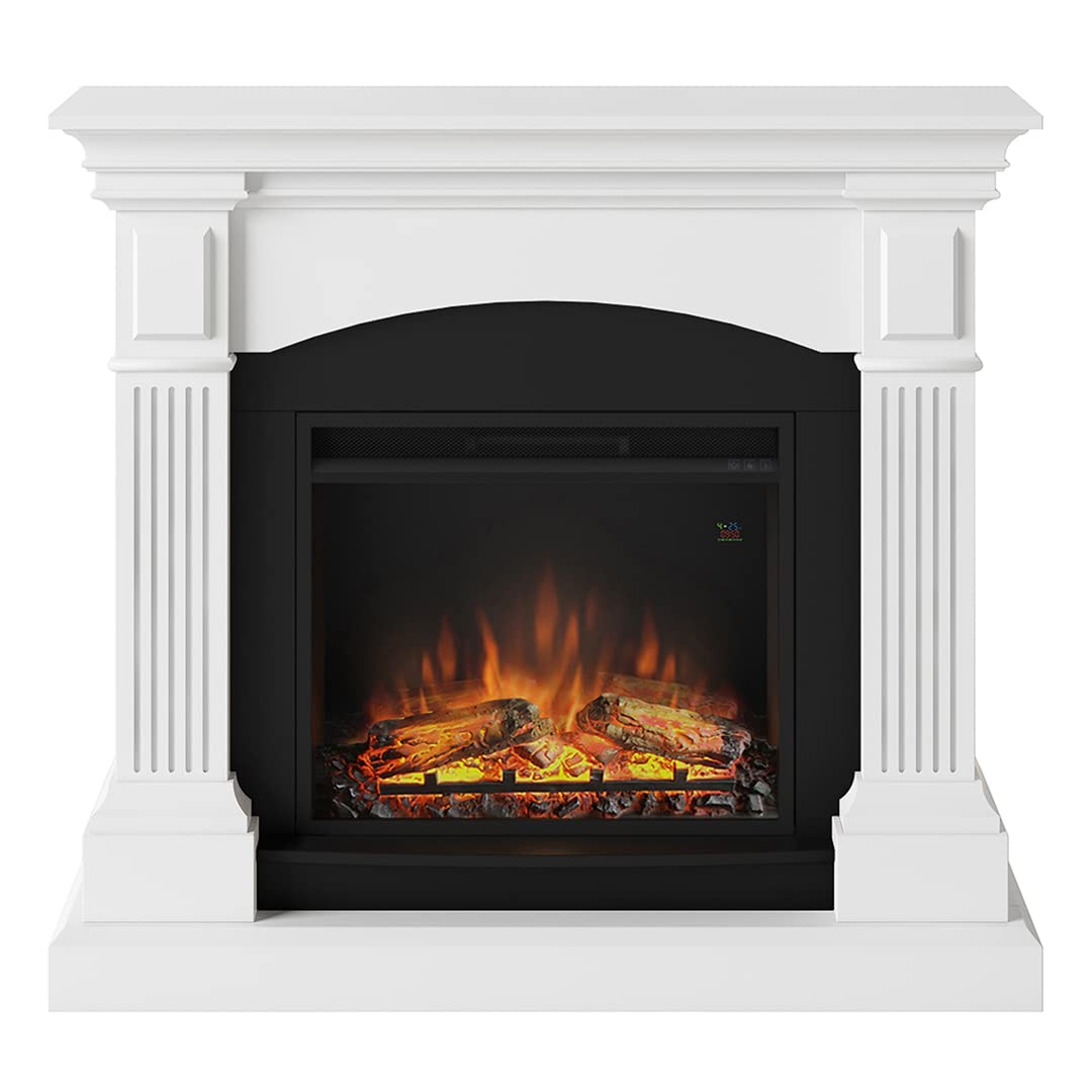 TAGU Magna Camino elettrico con PowerFlame, riscaldamento e termostato, timer 7 giorni, effetto fiamma LED, telecomando (Bianco puro)