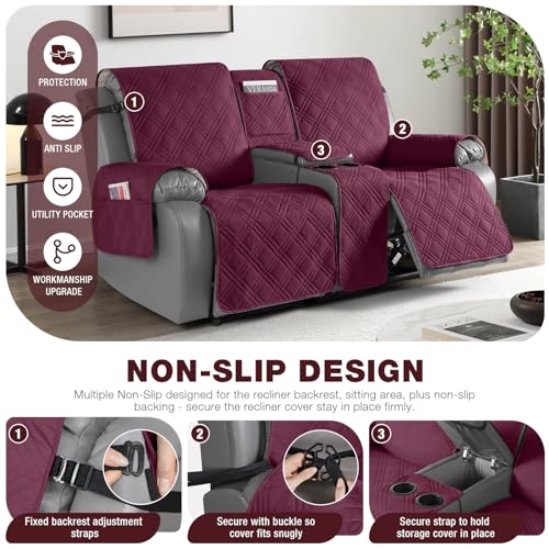 Image of TAOCOCO Polyester Loveseat Recliner Cover With Center Console, Waterproof Pet Protector for Dual Reclining Furniture, Split Design With Straps (2 Seater, Wine)