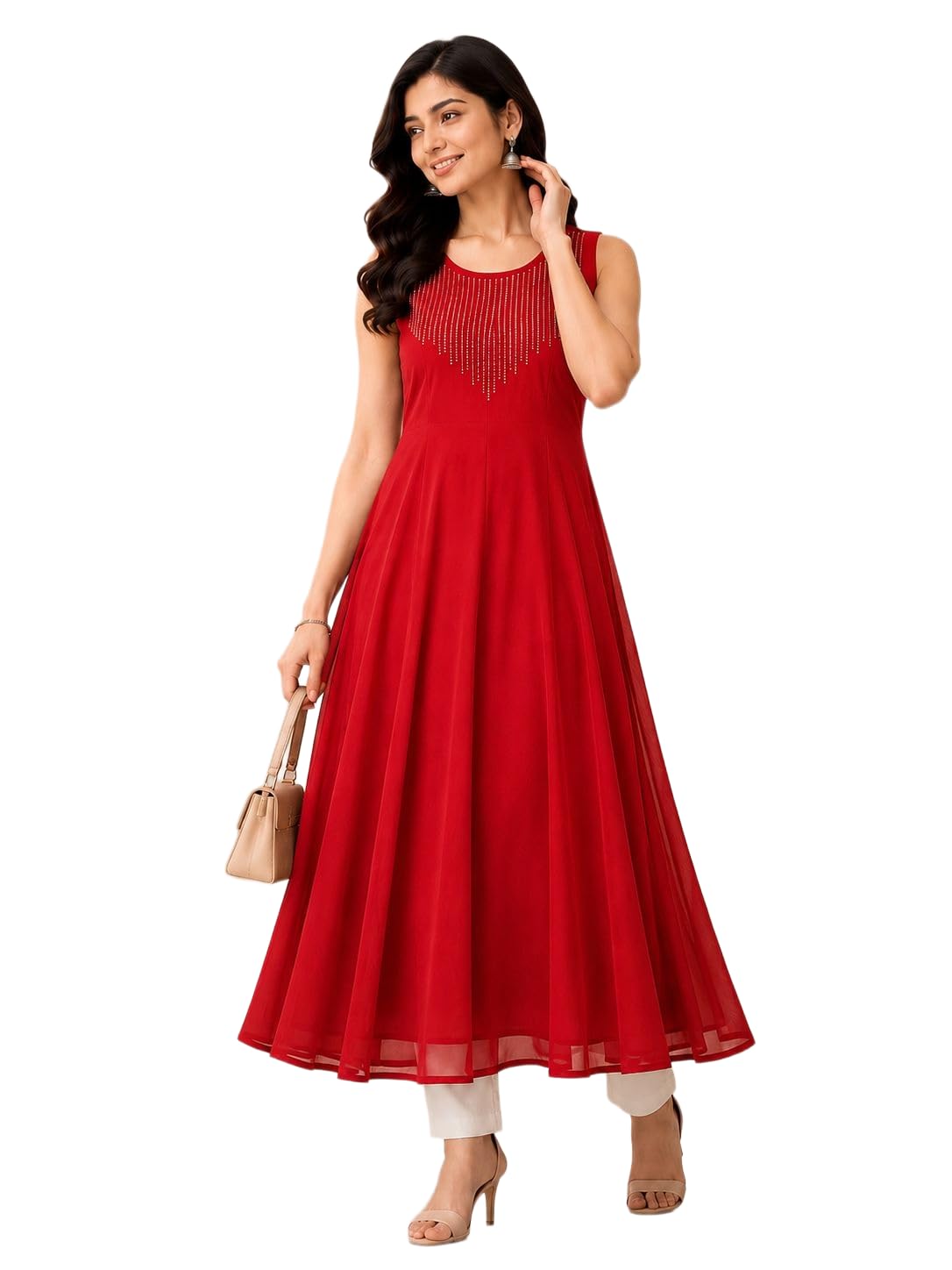 Women's Georgette Anarkali Kurti with Sequin Embellishment Sleevless Kurti-image-24