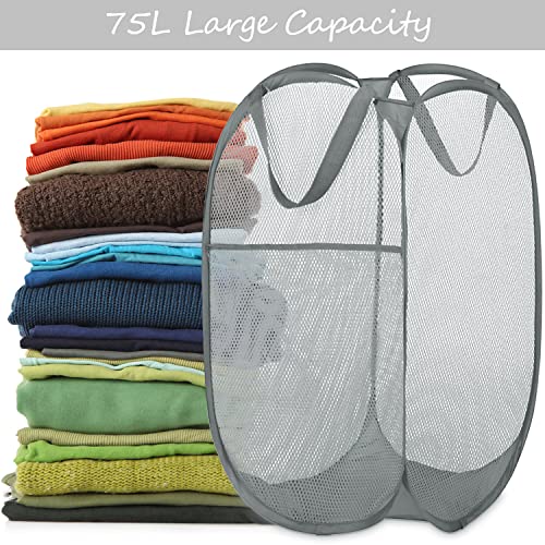 Image of BATTOO Deluxe Strong Mesh Pop up Laundry Hamper Basket with Side Pocket for Laundry Room, Bathroom, Kids Room, College Dorm or Travel 2 x Grey