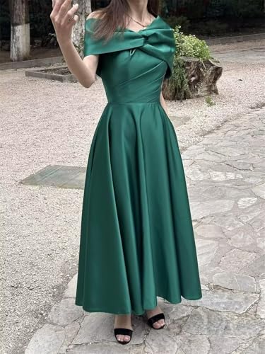Women's One Shoulder Mother of The Bride Dresses Long Ruffle Satin A Line Formal Evening Gowns with Pockets4