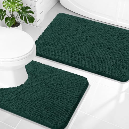 Image of OLANLY Bathroom Rugs Sets 2 Piece, Soft Absorbent Chenille Bath Mats and U-Shaped Contour Toilet Mat Rug Set, Machine Washable Bath Carpet, Home Decor Accessories(30 inchx20 inch+24 inchx20 inch, Blackish Green)