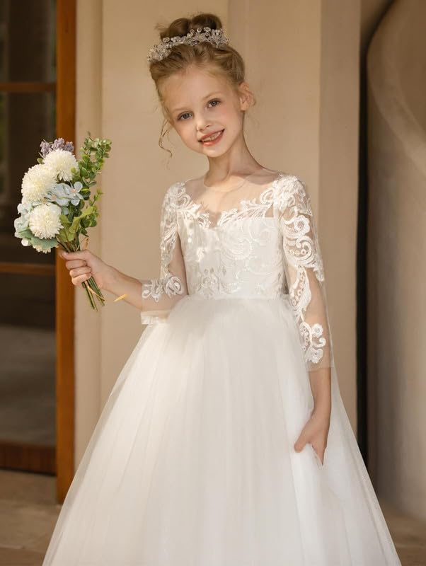 Flower Girl Dresses for Wedding Lace Applique Party Gown Princess Pageant Dress with Bow-Knot3