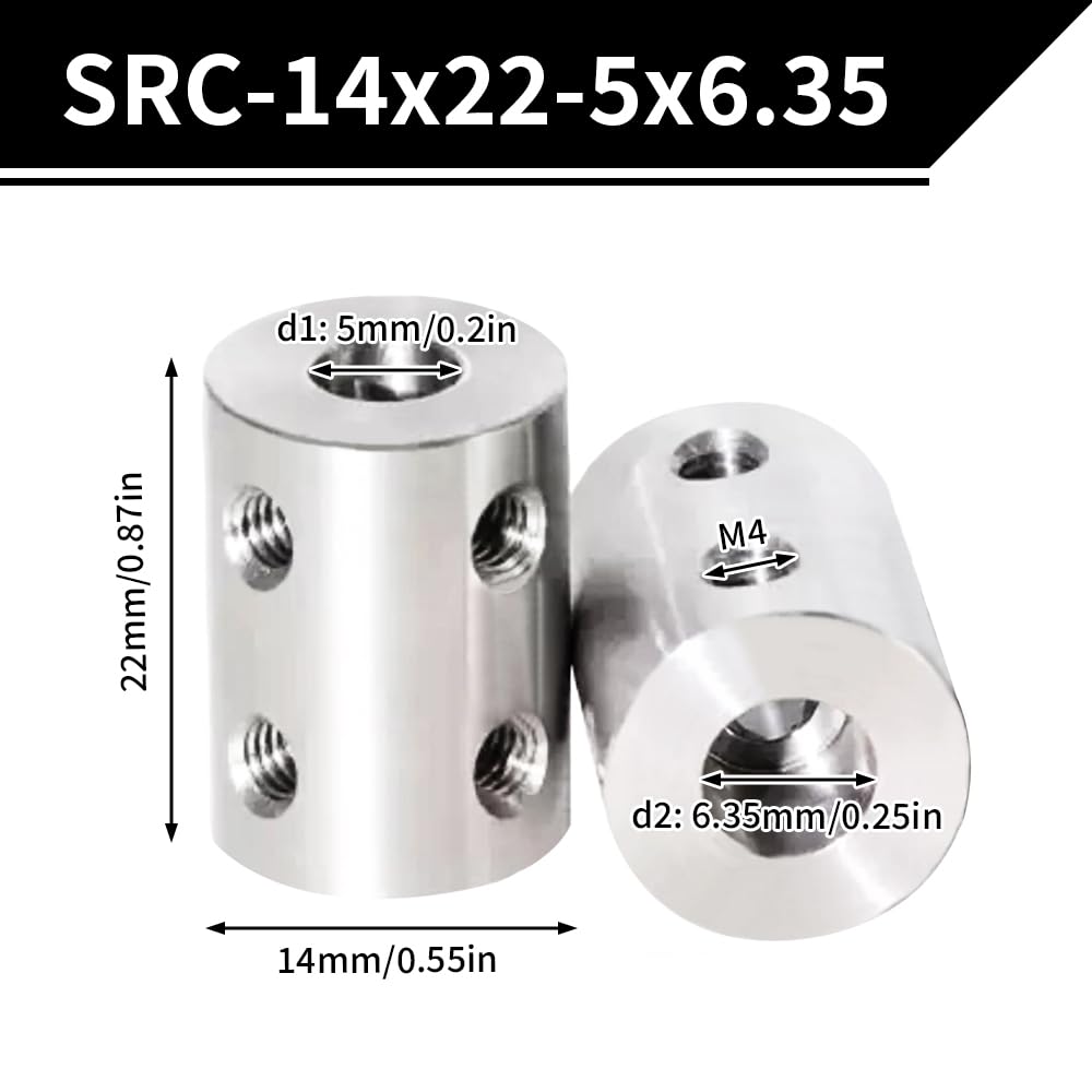 2PCS 5mm to 6.35mm Bore Rigid Coupling, L22 x D14 Set Screw Shaft Coupler Motor Connector Stainless Steel for 3D Printers, Motor Accessories, RC Boat Car Airplane