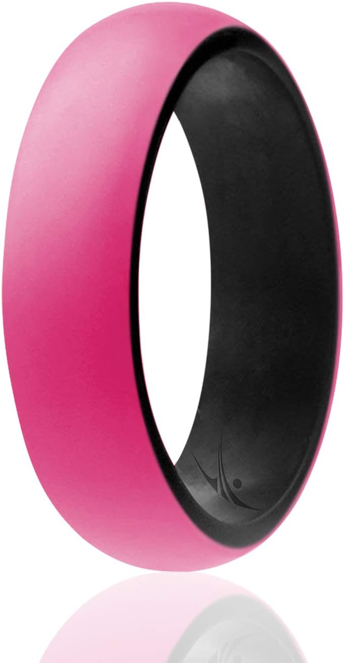 ROQ Silicone Rubber Wedding Ring for Women, Dome Duo Collection, Breathable Silicone Wedding Band, Anniversary Rings, Promise Ring, 5.5mm Wide 2mm Thick, Multi Packs, Multi Colors Black, Pink 4