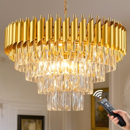 Image of TRIXY Rotating Crystals Chandelier Ceiling Light for Home & Decor | Color Changing LED | 360 Rotatable Crystals | Bluetooth Speaker | Remote Controlled | 4-Tier K9 Crystals, 500MM Gold Chandelier