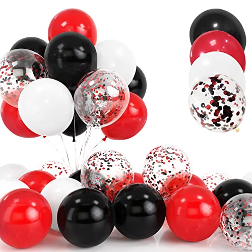 30 Pièces Ballons Rouge et Noir, 12 Pouces Rouge Noir Confettis Ballons, Latex Hélium Blanc Ballon avec Ruban pour Anniversaire Mariage Festival Enfant Baby...