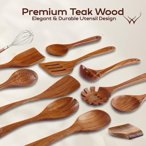 Image of 12 Pcs Wooden Cooking Utensils Set - Luxury Wooden Kitchen Utensils with Holder, Versatile Wooden Spoons for Cooking & Durable Teak Wood Utensil Set for Modern Home - Cooking spoons with Spatula