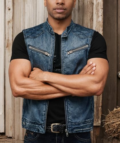 Pantete Denim Vest for Men Stand Collar Retro Zipper Sleeveless Jacket Slim Fit Cowboy Distressed Jean Vest with Pockets3