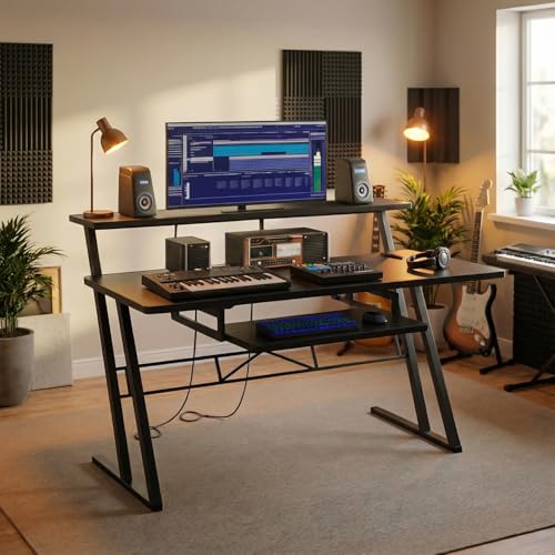 Image of FFO Music Studio Desk with Keyboard Tray | Multipurpose Work Desk for Home Office | Computer Table for Home, Office & Music Production | Laptop PC Workstation | Black | 120L x 60W x 100H CM | DIY