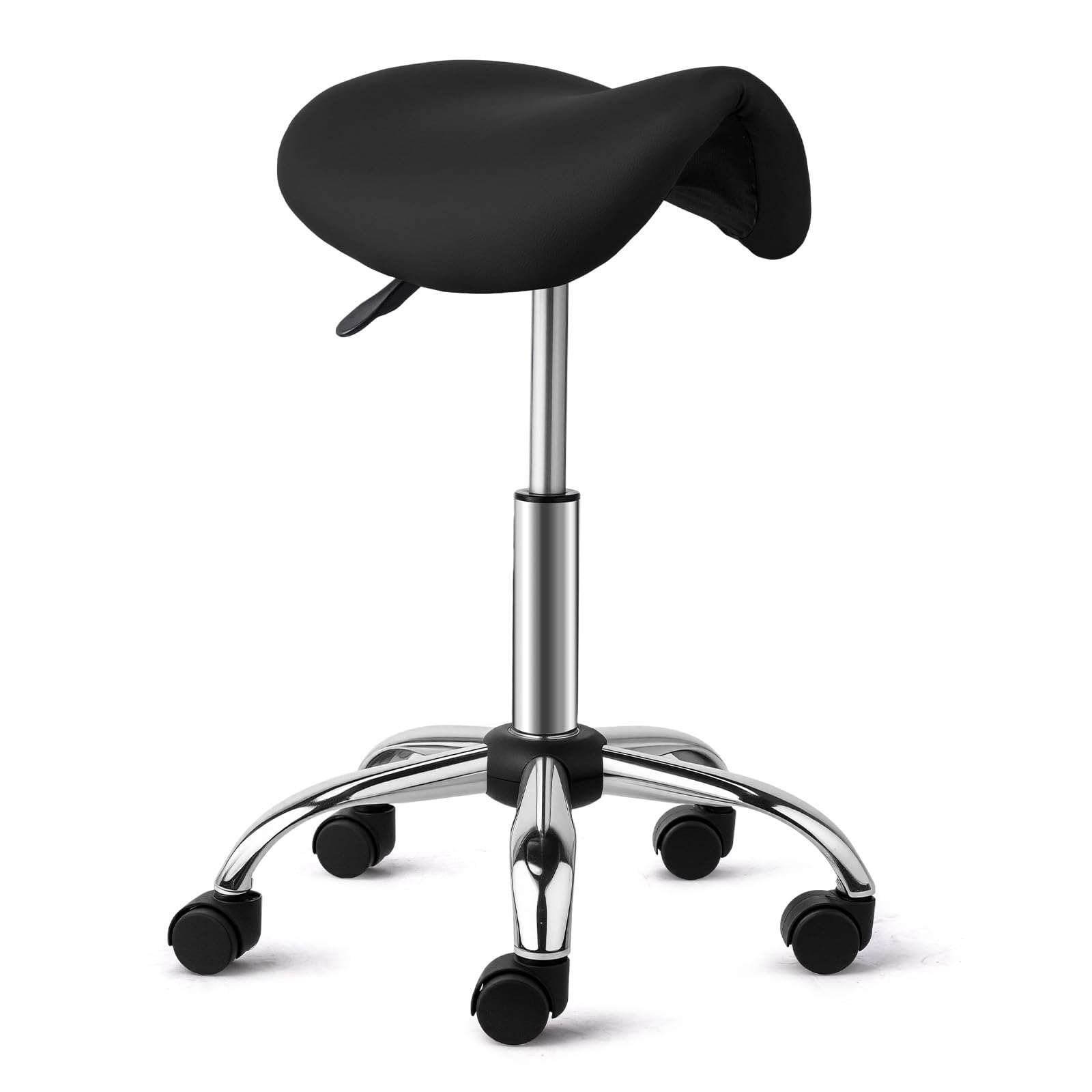 Bonnlo Saddle Stool with Wheels - Height Adjustable Swivel Stool - for Salon Massage Home Kitchen Clinic, Weight Capacity 400lbs, Black, Sliver Legs