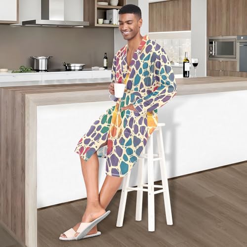 Men’s Robe Vivid Giraffe Pattern Print, Long Sleeve Lightweight Bathrobe with Belt Pockets M2