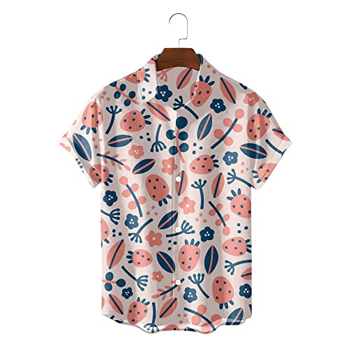 Chemise hawaïenne hommes rose à motif fraise fleur pour plage décontractée