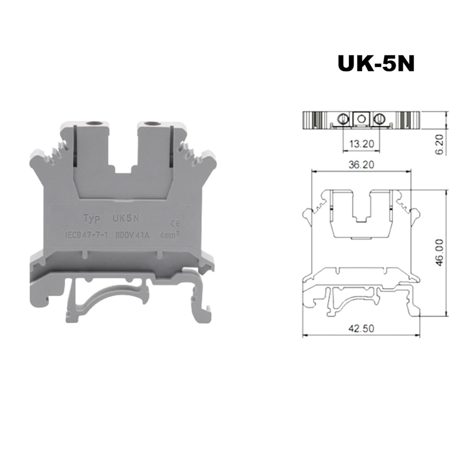5/10 Uds. Bloques de terminales de Montaje en Carril DIN UK-5N Cable de Tornillo Conector de terminales eléctricos Cables de latón 41A 4mm2 (Size : 10pcs (UK-5N))