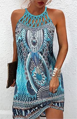 Image of LOVESHOOT Summer Dresses for Women 2026 Casual Floral Hollow Out Halter Neck A-line Sundress for Beach Vacation with Pockets