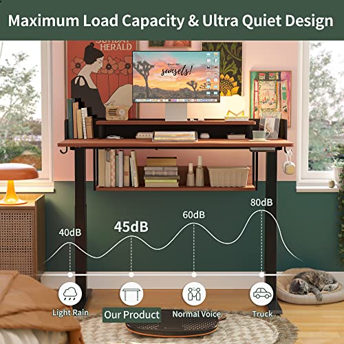 Image of FEZIBO Electric Height Adjustable Standing Desk with Double Shelves, 48 x 24 Inch Home Office Desk with Monitor Stand and Storage, Sit Stand Rising Desk, Nature