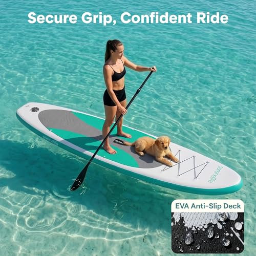 Image of SereneLife 10' Inflatable Stand Up Paddle Board with Premium SUP Accessories - Wide Stable Design with Non-Slip EVA Deck Pad, for Youth and Adults, 350 lbs. Capacity
