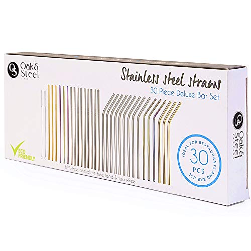 30 Pack| 26 Pailles Réutilisables Colorées en Acier Inoxydable Métal (Courbé et Droites) & 4 Brosses de Nettoyage| Écologique & Lave-Vaisselle| Milkshake Cocktails Café Cadeau de Noël.