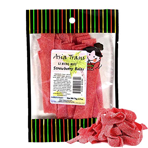 Li Hing Mui Strawberry Belts 2.70 Ounce - Packed Fresh in Hawaii. Sweet and Tart strawberry belt candy sprinkled with Li Hing Mui Plum powder.