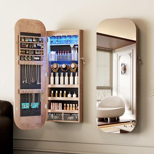 LVSOMT LED Oval Espejo Joyero de pie/pared, Madera Armario Joyero con Espejo, Espejo de pie Cuerpo entero joyero con Bloqueable, Espejo con almacenaje, Regalos para mujes, Dormitorio, Marrón