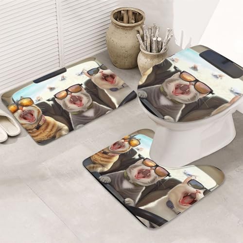 Set de 3 alfombras de baño de gato con funda de inodoro lavable 2
