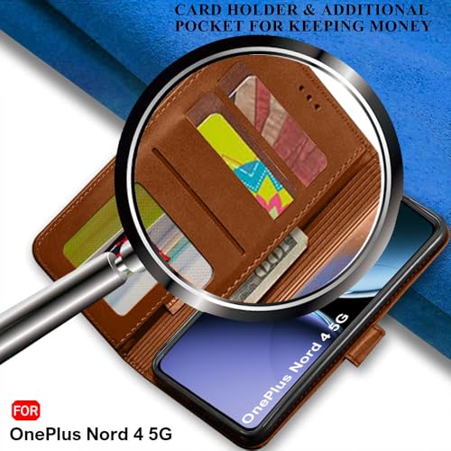 Image of TheGiftKart Genuine Leather Finish Flip Back Cover Case for OnePlus Nord 4 5G | Inbuilt Pockets & Stand | Wallet Style | Designer Button | Flip Cover Back Case for OnePlus Nord 4 (Faux Leather, Brown)