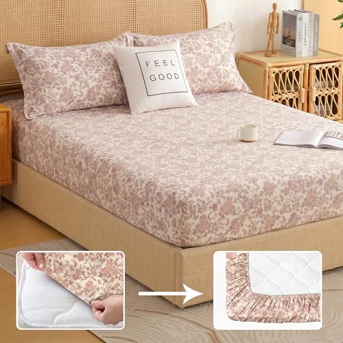 Image of Story@Home King Size Air Cotton Bedsheet 240 TC Fitted Sheet with 2 Pillow Covers, Soft & Durable Bed Sheet for King Bed (270 x 250 cm, Floral Print, Purple & Off White)