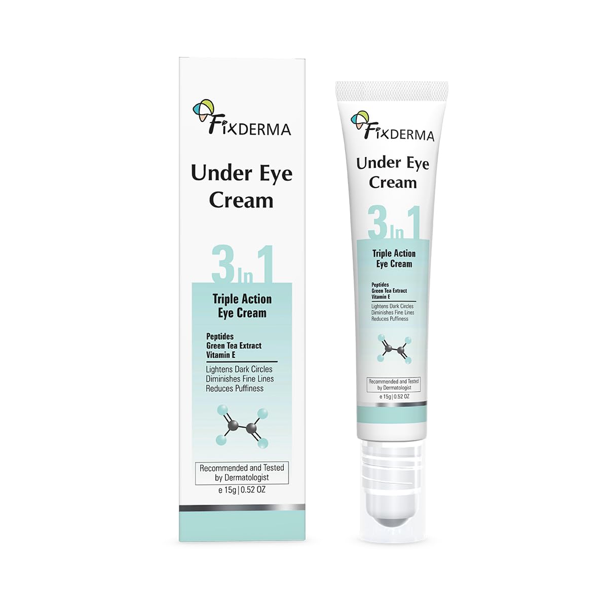 Fixderma Under Eye Cream with Peptides, Green Tea Extract & Vitamin E | Reduces Dark Circles, Puffiness, Wrinkles & Fine Lines & | Triple Action Under Eye Cream | Men & Women | 15g